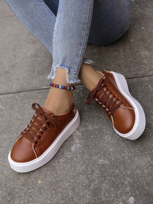 Plus Size Women Low-Top Round Toe Lace-Up Flat Canvas Shoes, Casual Fashion Sneakers