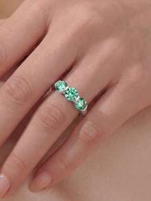 1pc Fashion Classic Couple Ring S925 Sterling Silver Inlaid 1.5CT Round Blue-Green Moissanite High Quality Engagement Ring Suitable For Wedding, Date, Valentine's Day, Anniversary Gift - Silver - View 4