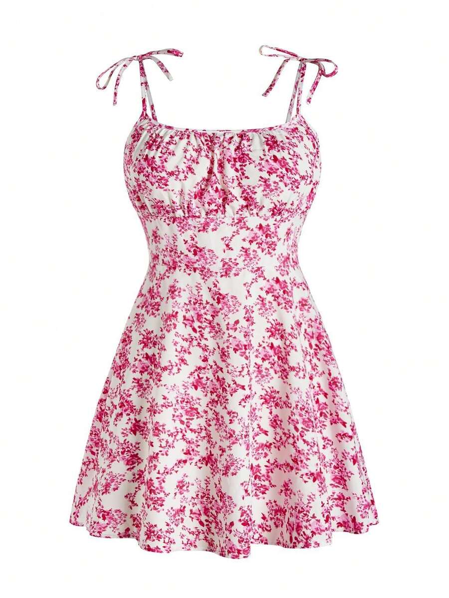 Women's Floral Print Tie Strap Mini Dress, Square Neck Ruched Bust A-Line Sundress, Casual Summer Beach Dress - 玫紅色 - 查看 1