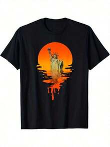 Men's Plus Size Vintage Cotton T-Shirt, Black 'Statue Of Liberty At Sunset' Print, Casual Short Sleeve Crew Neck, Soft And Comfortable, Plus Size, Perfect For Outdoor Activities, Travel And Fitness, PLUS SIZE - 黑色 - 查看 1