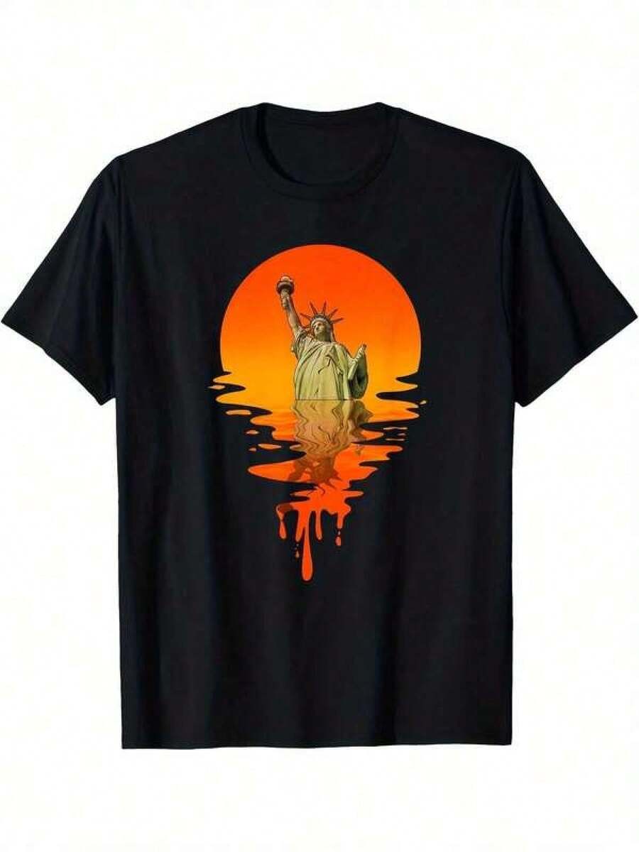 Men's Plus Size Vintage Cotton T-Shirt, Black 'Statue Of Liberty At Sunset' Print, Casual Short Sleeve Crew Neck, Soft And Comfortable, Plus Size, Perfect For Outdoor Activities, Travel And Fitness, PLUS SIZE - 黑色 - 查看 1