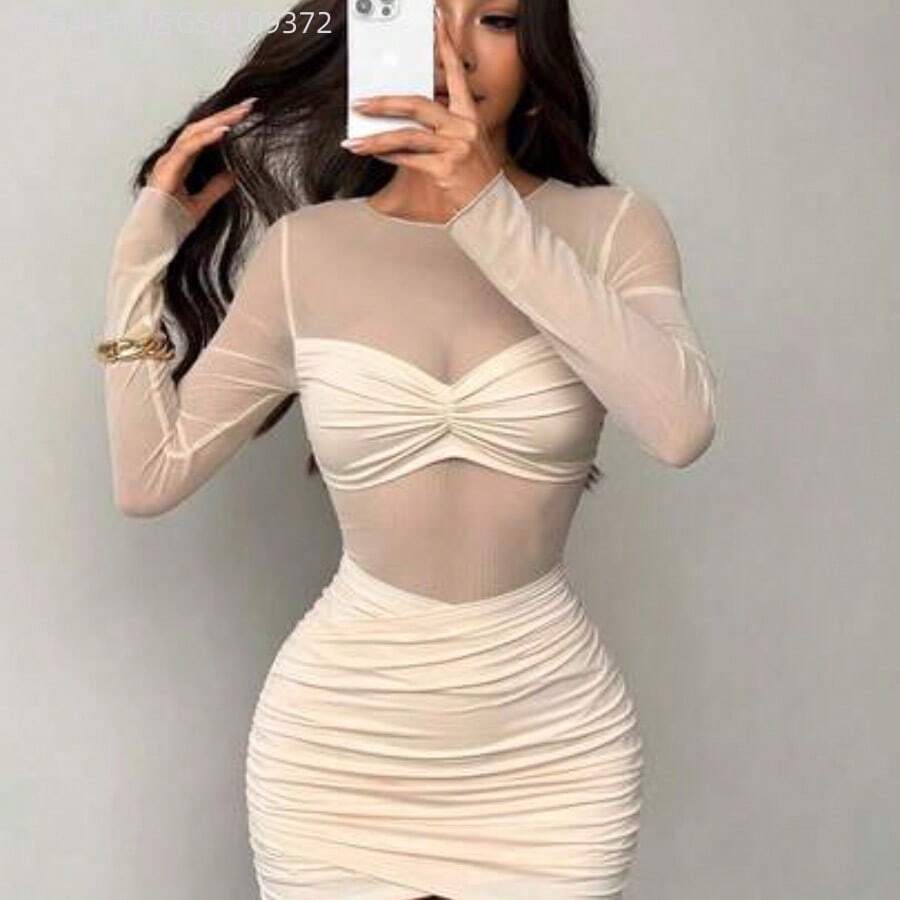 Soqi Women's Clothing PETITE Vestido corto de mujer con cuello redondo, manga larga, volantes y malla transparente, vestidos de verano para mujer - Albaricoque - Ver 1