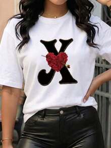blusas para mujer, blusas casuales para dama, playeras de mujer, blusas casuales para dama  blusas para mujer playeras de mujer blusas casuales para dama     Womens Casual Polyester Round Neck Short Sleeve Regular Length T-Shirt with Unique Heart X Design 6CKX - Negro - Ver 9