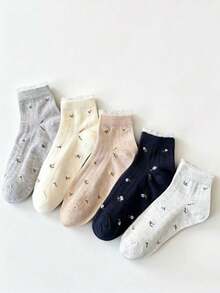 5 Pairs Women's Short Socks, Ditsy Floral White & Black Casual Socks, Minimalist & Comfortable, Suitable For All Seasons - Multicolor - View 6