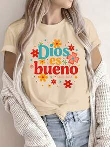 1 Piece Of Women's Fashion T-Shirt, Round Neck, Short Sleeve, Letter Print, Stylish And Casual, Comfortable And Fashionable, Suitable For Everyday Casual Wear, Combining Modern Prints With A Comfortable Round Neck. IEXP - 黑色 - 查看 11