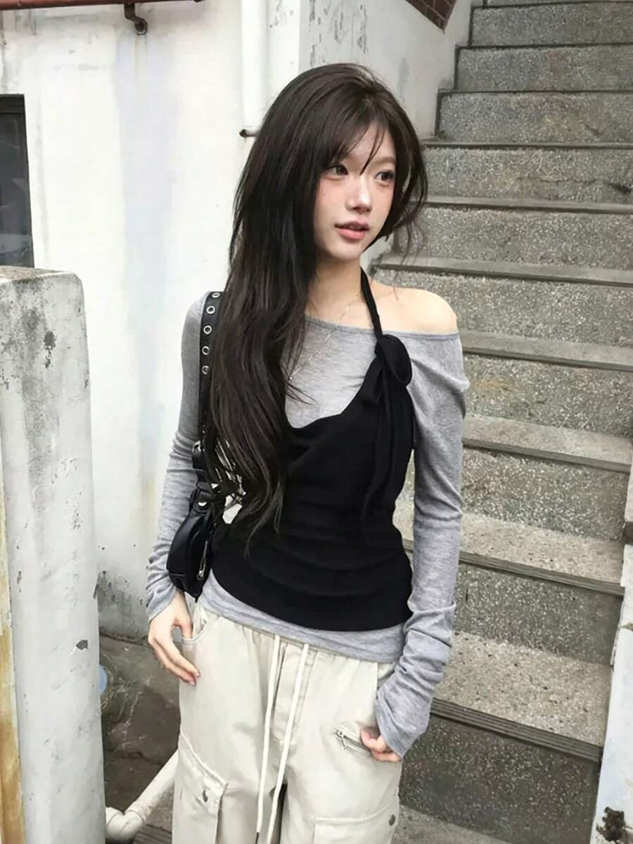 韓系小眾設計掛脖露背長袖T恤,女款分層修身兩件套,夏季優雅 - 灰色 - 查看 1