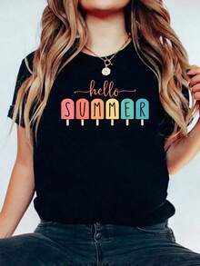 Comfortable All Day Long. The "Hello Summer Vacation Popsicle Lolly" T-Shirt For Women And Girls Features A Relaxed, Comfortable Fit That Flatters All Body Shapes, While The High-Quality Material Feels Soft Against The Skin And Offers Durability. - 黑色 - 查看 3