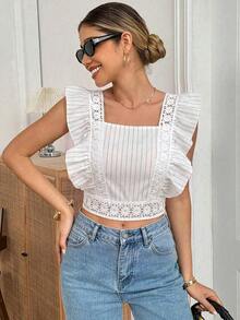 Camisa de verano elegante y estilizadora de cuello cuadrado con rayas tejidas para mujer - Blanco - Ver 5