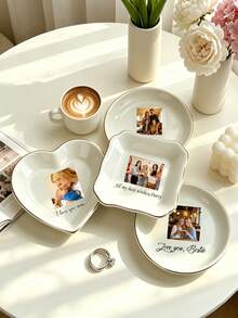 MerexSync 1pc Personalized Photo Ceramic Ring Dish, Customized Initial Jewelry Tray, Engraved Small Trinket Storage Box, Suitable As Wedding Gift For Bride, Bridesmaid, Groom, Engagement Party, Bridal Shower Favor - Multicolor - View 5