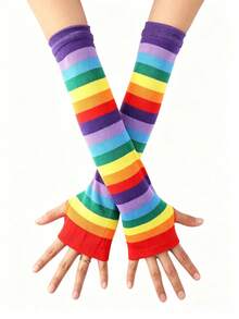2pcs Rainbow Striped Fingerless Arm Sleeves, Y2K Style Knit Sun Protection Arm Warmers - Multicolor - View 1