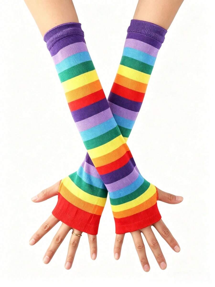 2pcs Rainbow Striped Fingerless Arm Sleeves, Y2K Style Knit Sun Protection Arm Warmers - Multicolor - View 1