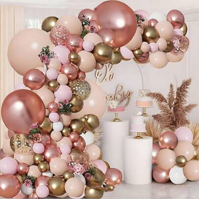 115pcs Rose Gold And Pink Balloon Wreath Set Featuring Pale Pink Balloons With A Golden Metallic Finish, Nude White Balloons, And Rose Gold Sequined Balloons. Ideal For Bridal Gift Ceremonies, Weddings, Women's Birthdays, Princess Parties, New Year Celebrations, And Valentine's Day Decorations.