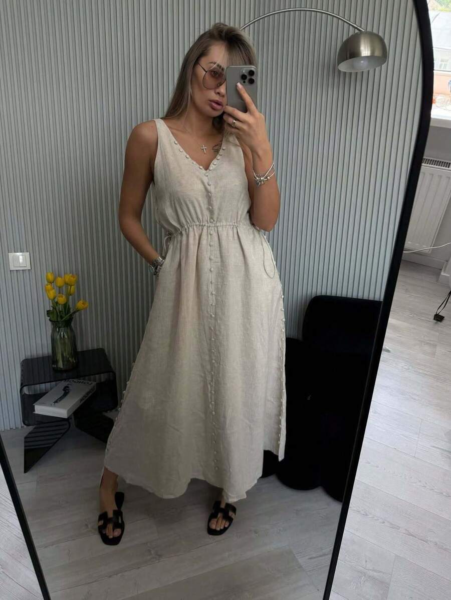 Vestido largo sin mangas vacacional, escote V profundo sexy, diseño de botones simples y cintura marcada - Albaricoque - Ver 1