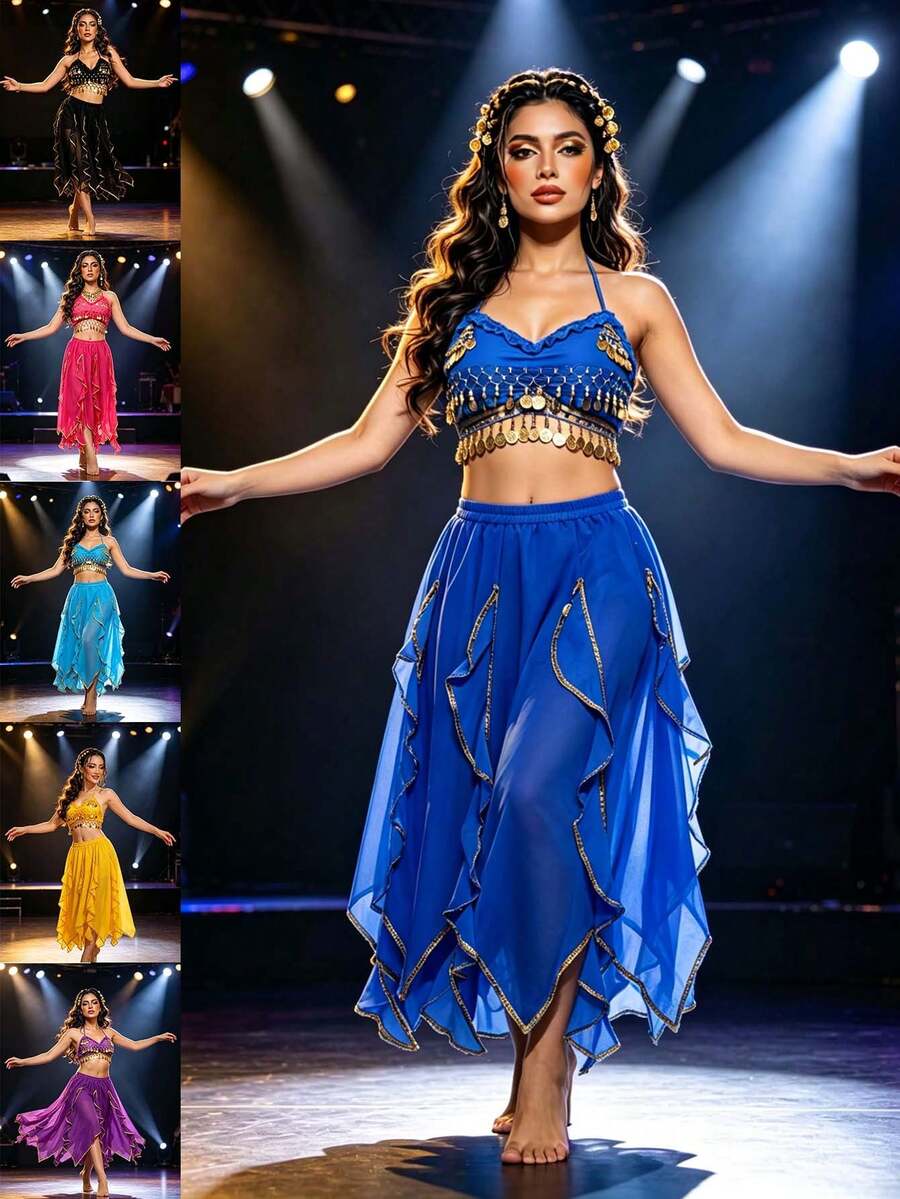Belly Dance Coin Halter Top + Asymmetrical Chiffon Long Skirt, Suitable For Performance, Halloween Costume And Theme Party (Multiple Colors Available) - Multicolor - View 1
