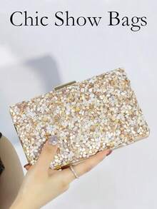 Bolso de mano de noche de lujo con concha y strass, bolso de hombro con cadena dorada adecuado para bodas y fiestas - Champán - Ver 6