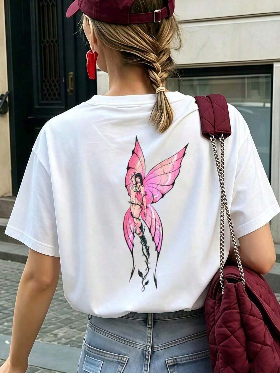 New 100% Cotton T-Shirt For Spring/Summer, With A Charming Fairy Print In A Relaxed Fit, Perfect For Everyday Wear, Commuting To Work And Holidays, In Breathable Fabric.