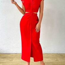 Fengyu Women's Clothing Store  Vestido largo sencillo y casual de unicolor con botones al frente y mangas cortas para mujer - Rosa Fucsia - Ver 4