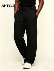 AHTELB Pantalones rectos de pierna ancha con cintura elástica y cordón, pantalones deportivos de unicolor cómodos y versátiles de moda - Negro - Ver 4