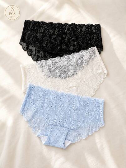 3pcs/Set Women Floral Lace Breathable Comfortable Low-Rise Briefs, Skin-Friendly Lace Panties For Daily Wear