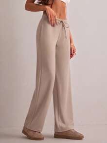 Women's Casual Solid Color Long Straight Leg Pants With Medium Stretch - Flint Stone - View 4