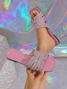Women's Shiny Open Toe Flat Sandals, Fashion Casual Luxury Rhinestone Decor Slide Sandals, Suitable For Spring/Summer Wear, Comfortable Flat Style - Pink - View 3