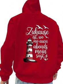 Compatible With Graphic Plus Size, Men's Back Print Hoodie, New Autumn-Winter Collection, Couple Hoodie, Versatile Loose Sweatshirt For Sports And Casual Wear - Casual Sweatshirt, Kangaroo Pocket, Stretch Fabric, Machine Washable - Perfect Choice For Spring And Autumn [Lingmoyun] - 紅色 - 查看 4