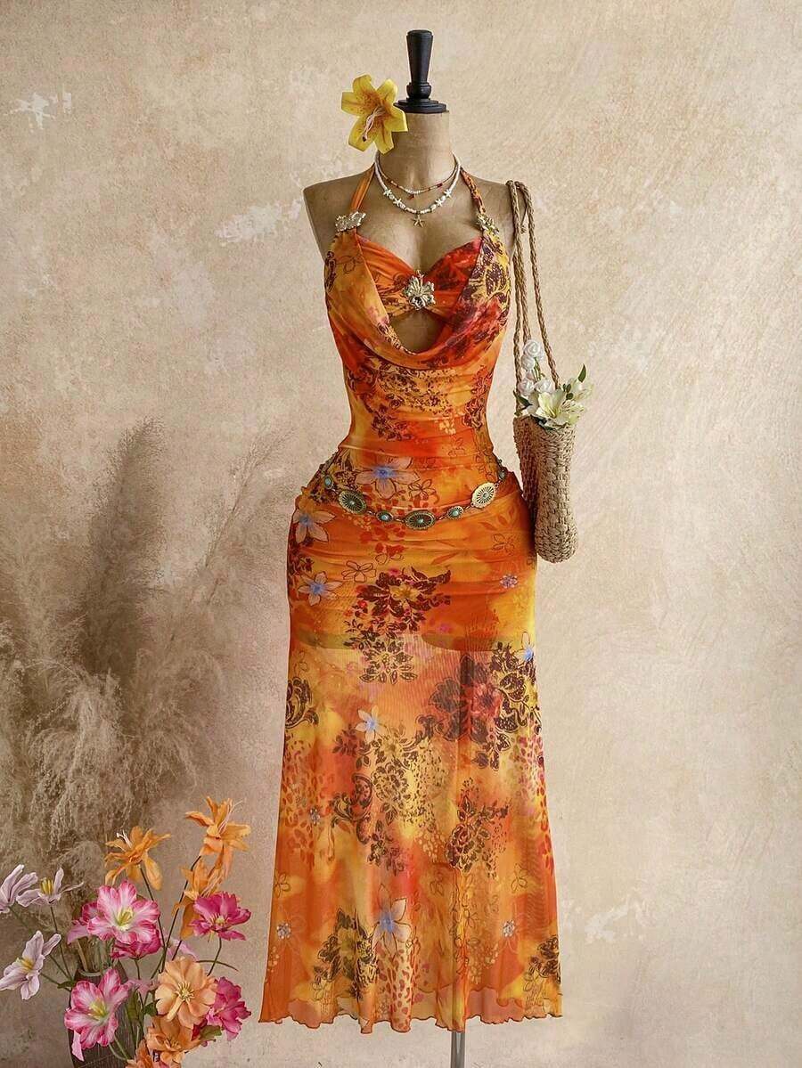 Vestido de mujer sexy y romántico para vacaciones con escote halter, atado, parches, decoración floral metálica y escote pronunciado, adecuado para la playa, cruceros, vacaciones en la ciudad, citas, festivales de música, estilo bohemio - Multicolor - Ver 1