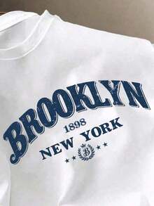 Short-Sleeved, Fitted Crew Neck T-Shirt With A Contrasting Graphic Print Of Brooklyn And New York Letters. Casual And Modern Style, Suitable For Dates, Meetings, Everyday Wear, Matching Couple Outfits, And Family Outfits. A Great Gift For A Boyfriend. New York T-Shirt Brooklyn T-Shirt Z00X - 黑色 - 查看 8