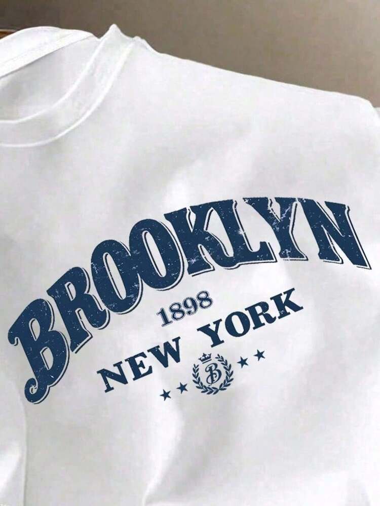 Camiseta de manga corta con cuello redondo ajustada con estampado gráfico de contraste de letras Brooklyn y New York, de estilo casual y moderno, adecuada para citas, reuniones, uso esencial, para parejas a juego y familias, un gran regalo para el novio. Camiseta New York Camiseta Brooklyn Z00X - Negro - Añade 8