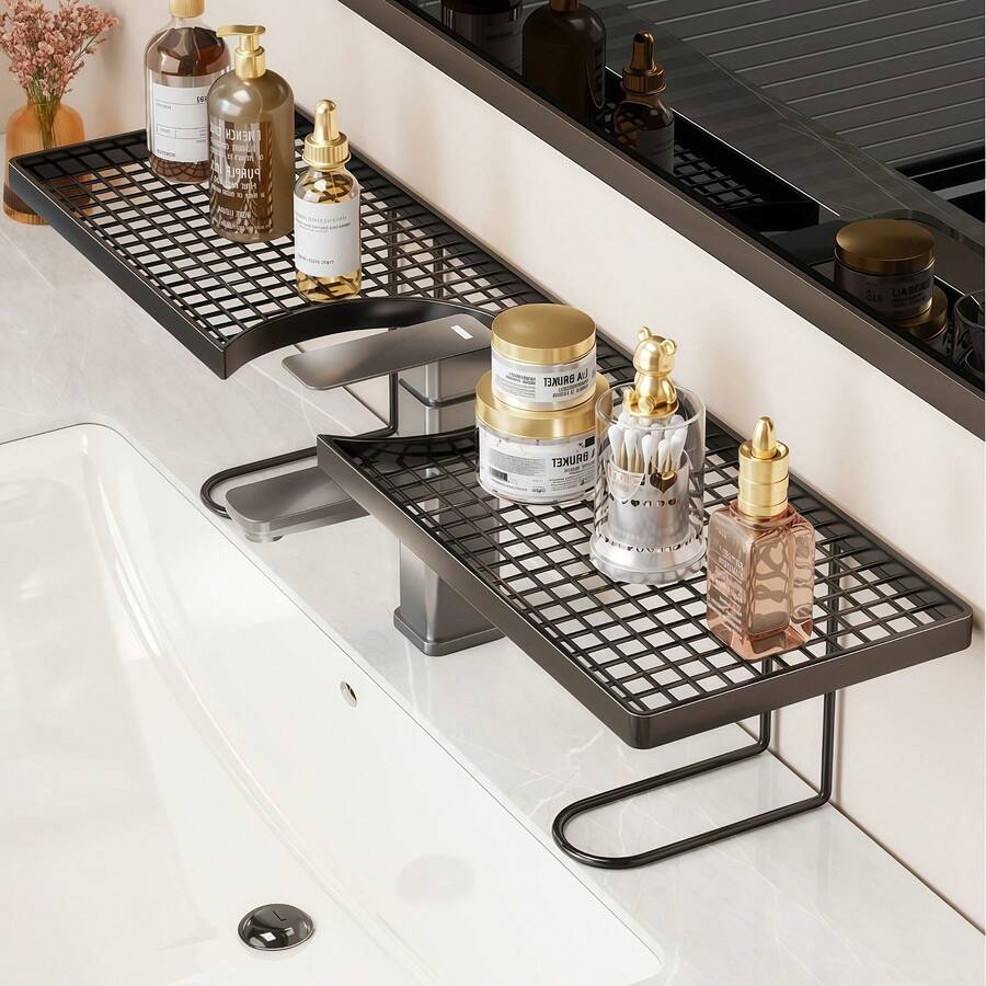 1pc Bathroom Rustproof Stainless Steel Grid Shelf, Perforated Draining Surface, Suitable For Cosmetics & Skincare Lovers, Wall-Mounted Storage Rack For Vanity, Shower, Bathroom Mirror