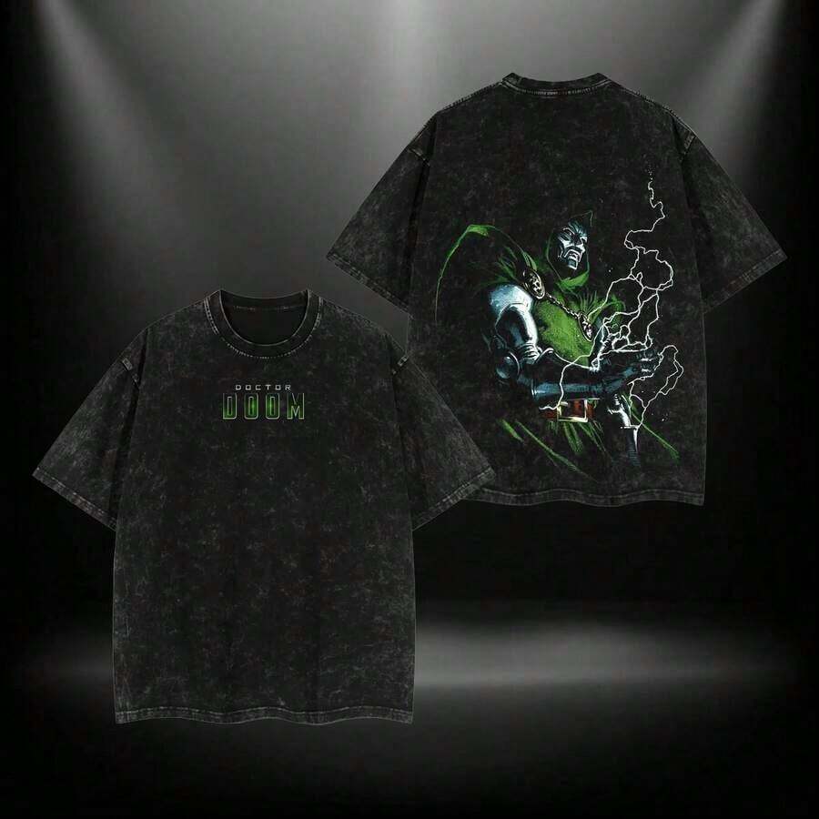 DR.DOOM V2 MCU Comic Double Print T-Shirt, Oversized, Lightweight, Acid Wash Effect, TV Series Graphic Print, Cotton, Streetwear Style, For Boys, Regular Fit Floral Print T-Shirt For Men. - 黑色 - 查看 1