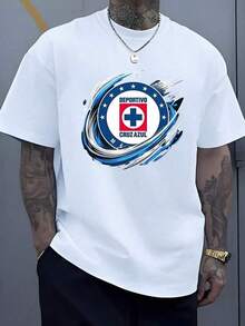 A Symbol Representing Strength, Unity, And Sporting Passion, Featuring A Circular Emblem Surrounded By Stars And Dynamic Blue Strokes Inspired By The Spirit Of Overcoming Adversity. This High-Quality, Comfortable, Casual Men's T-Shirt Is Ideal For Fans And Everyday Wear. - 白色 - 查看 8