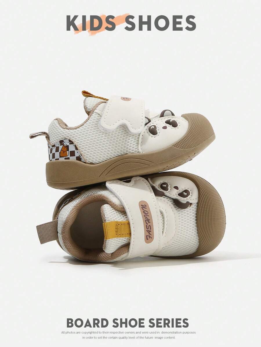 1 Pair Cartoon Animal Pattern Plaid Decorated Mesh & Synthetic Leather Round Toe Hook And Loop Toddler Shoes, Cute & Fun For Babies And Toddlers, Suitable For Daily Wear, Indoor And Outdoor Play [Please Select Size Based On Actual Cm Measurement] - Khaki - View 1