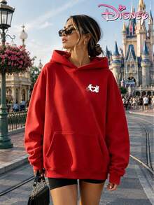 Disney Women's Loose-Fitting Hooded Sweatshirt With Castle And Mickey Mouse Family Print Design On The Front And Back. 2026 Travel-Themed Style, Casual, Comfortable, And Versatile, Suitable For Amusement Parks And Outings. - 紅色 - 查看 2
