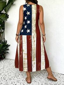 Vestido largo casual con estampado de bandera estadounidense para mujer de talla grande, vestido de verano de cuello redondo para vacaciones, conjunto casual de vacaciones, vestido ajustado de playa midi - Multicolor - Ver 5