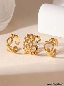 3pcs Vintage Pleated Rhombus Stainless Steel Ring Set, Exaggerated Geometric Asymmetrical Open Ring, Suitable For Women's Daily Or Special Occasions - Multicolor - View 3
