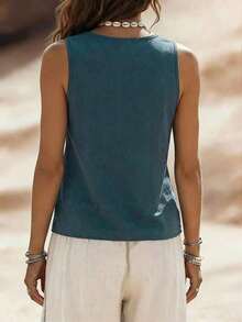 Zayélia Top de mujer de cuello en V, casual, cómodo, de vacaciones, de campo, relajado, de textura suave - Verde Oscuro - Ver 2