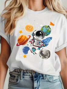 Adorable Astronaut Space Adventure T-Shirt For Women, Fun Galaxy Design With Planets And Moon, Black Crew Neck T-Shirt For Casual Wear, Perfect Gift For Space Lovers, Ideal For Birthdays, Halloween, Or Everyday Outfits - Unisex Loose Cotton Short Sleeve Crew Neck T-Shirt, Vintage Urban Style - 白色 - 查看 7