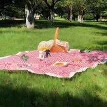 1pc Picnic & Outdoor Portable Mat, Linen Fabric, Checkered Pattern, Lace Trim Design, Suitable For Picnic, Camping, Photography, Spring Outdoor Picnic Mat, Beach Blanket, Camping Tablecloth, Machine Washable, Oversized - Multicolor - View 5