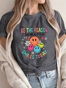 Women's Casual Short Sleeve T-Shirt - Happy  Face Print And Inspirational Lettering, Comfortable Crew Neck, Versatile All-Season Top, Loose Fit, Breathable Fashion T-Shirt, Printed T-Shirt, A Must-Have For Fashion Enthusiasts. ZOIH - 深灰色 - 查看 7