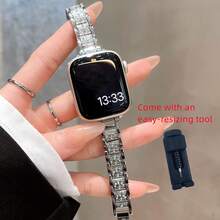 Dây đeo đồng hồ hợp kim kẽm đính đá sang trọng, tương thích với Apple Watch Series 1/2/3/4/5/6/7/8/9/10/SE/Ultra 38mm/40mm/41mm/42mm/44mm/45mm/49mm, màu bạc, phù hợp cho công sở, thường ngày và nữ giới. - Bạc - Xem 9