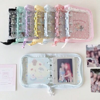 1 túi đựng photocard mini 3 vòng PVC dễ thương, giá đựng photocard di động với họa tiết ngôi sao, hộp album thẻ khóa kéo trong suốt cho thẻ ảnh thần tượng 3", thẻ giao dịch & thẻ Lomo, túi đựng sưu tập kawaii cho học sinh & người hâm mộ, quay lại trường học