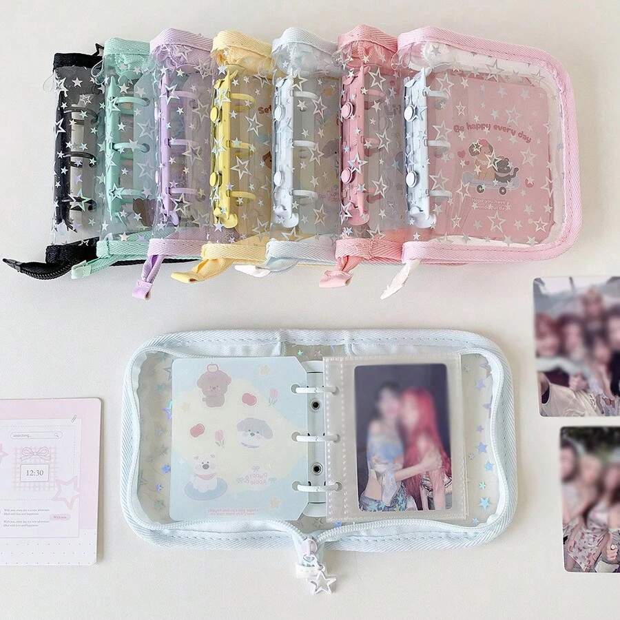 1 buah Dompet Pengikat Photocard Mini 3 Ring PVC Lucu, Tempat Photocard Portabel dengan Motif Bintang, Kotak Album Kartu Resleting Transparan untuk Photocard Idol 3", Kartu Koleksi & Kartu Lomo, Tas Organizer Koleksi Kawaii untuk Pelajar & Penggemar, Kembali ke Sekolah - bahan pengikat - View 1