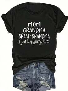 Women's Casual T-Shirt - Short Sleeve Casual T-Shirt - Pink Crew Neck With Inspirational Quotes Like "MOM, GRANDMA, GREAT-GRANDMAID", Plus Size, Machine Washable, All-Season Comfort, Everyday Wear, Relaxed Fit T-Shirt, Non-See-Through Material, 100% Cotton, Durable - 黑色 - 查看 1