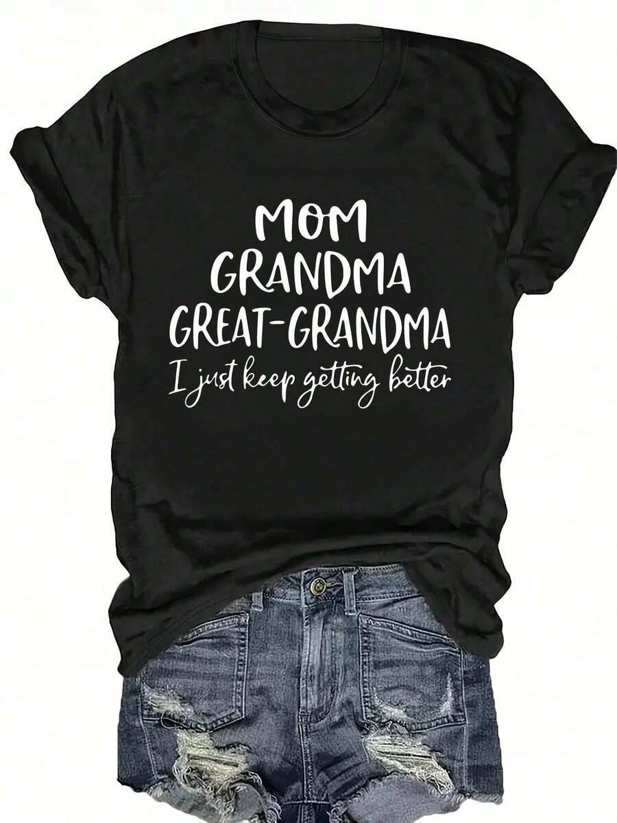 Women's Casual T-Shirt - Short Sleeve Casual T-Shirt - Pink Crew Neck With Inspirational Quotes Like "MOM, GRANDMA, GREAT-GRANDMAID", Plus Size, Machine Washable, All-Season Comfort, Everyday Wear, Relaxed Fit T-Shirt, Non-See-Through Material, 100% Cotton, Durable - 黑色 - 查看 1