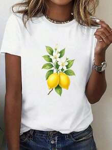 Casual Leisure Clothes, Fashionable Women's Clothing, Loose Fit T-Shirt For Women - Casual Top With Lemon Floral Print, Lightweight And Non-See-Through Shirt For Daily Wear, Suitable For Spring And Summer (Home, Office, Lounges), Round Neck, Short Sleeve, Comfortable Machine Washable Clothing, Loose Fit Summer Sets For Women. - 白色 - 查看 8