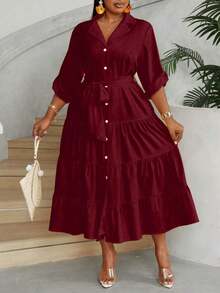 Maweii Vestido largo elegante de manga larga con cuello en V, botones delanteros, cinturón y volantes en el bajo para mujeres de talla grande - Burdeos - Ver 6