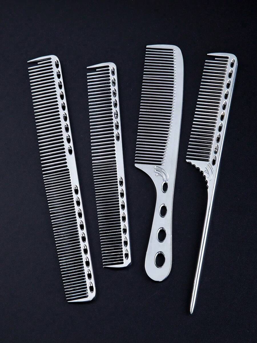 CTZIHGAO 1/4入組專業美髮梳組，金屬美髮梳，女性美髮梳，理髮師理容梳，不鏽鋼鬍鬚梳，美髮梳，鬍鬚梳，專業鋁製美髮梳組：長剪髮梳、短造型梳、手柄梳及尾梳，防靜電梳，理髮師美髮梳組