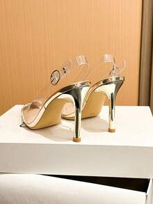 Xin Jing Shoes 女士高跟鞋，新款时尚百搭尖头透明婚宴鞋，优雅通勤无后跟细高跟鞋 - 金色 - 查看 11