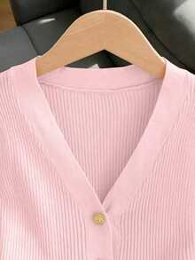 Vestido de punto casual y elegante de uso diario y versátil con cuello en V, hombros rectos y manga corta, talla grande con ajuste ceñido, diseño de botones metálicos color rosa y bajo plisado con forma de paraguas, vestido de manga corta para vacaciones, primavera y verano - Rosa - Ver 3